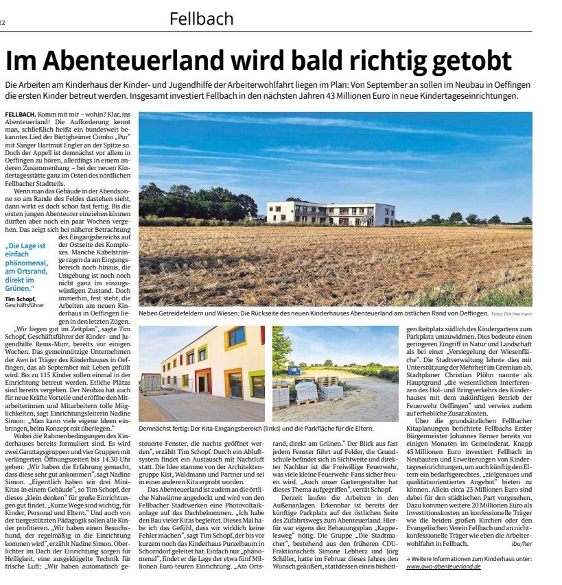 AWO-KiJu-Beitraege_Fellbacher-Zeitung-Artikel_Endspurt-Kinderhaus